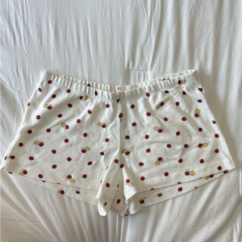 Brandy Melville White Cotton Pajama Shorts with Red and Yellow Strawberry Print